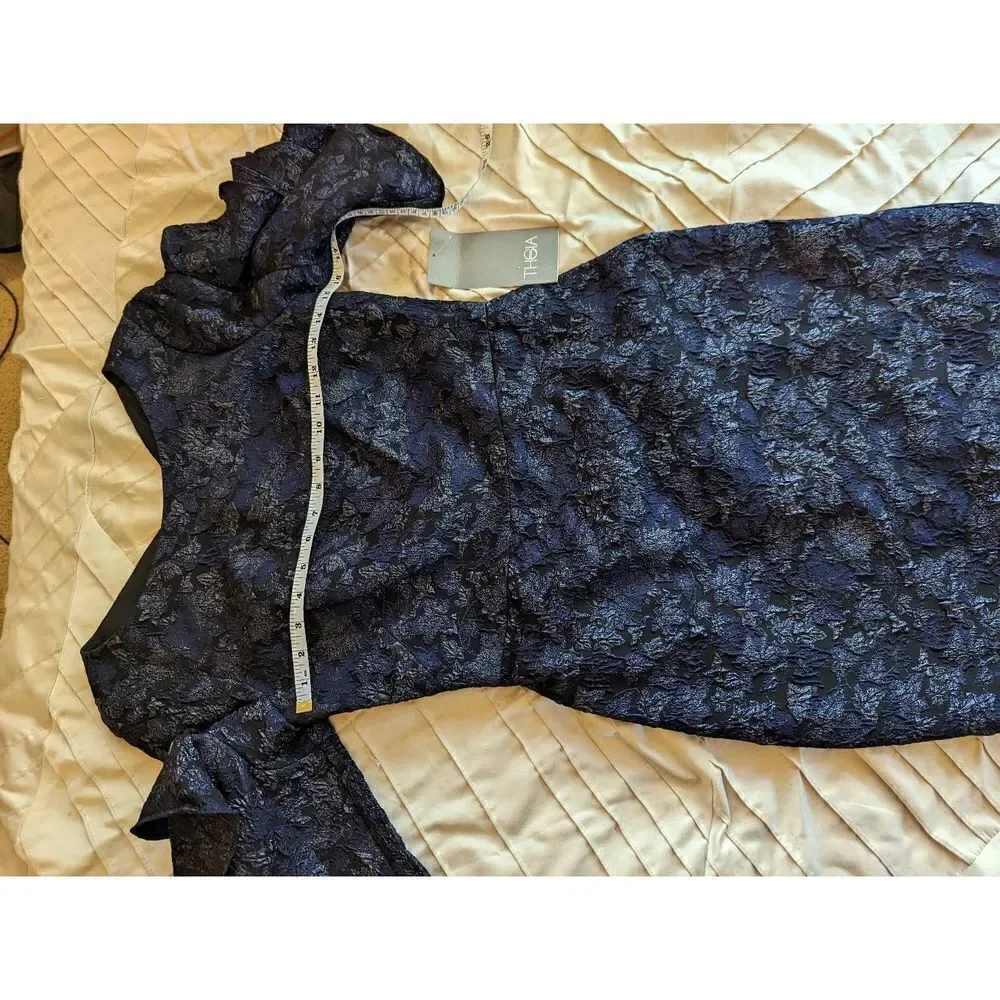 Theia ruffle sleeve cloque dress blue and gold knee length cocktail dress nwt sz - Picture 6 of 7